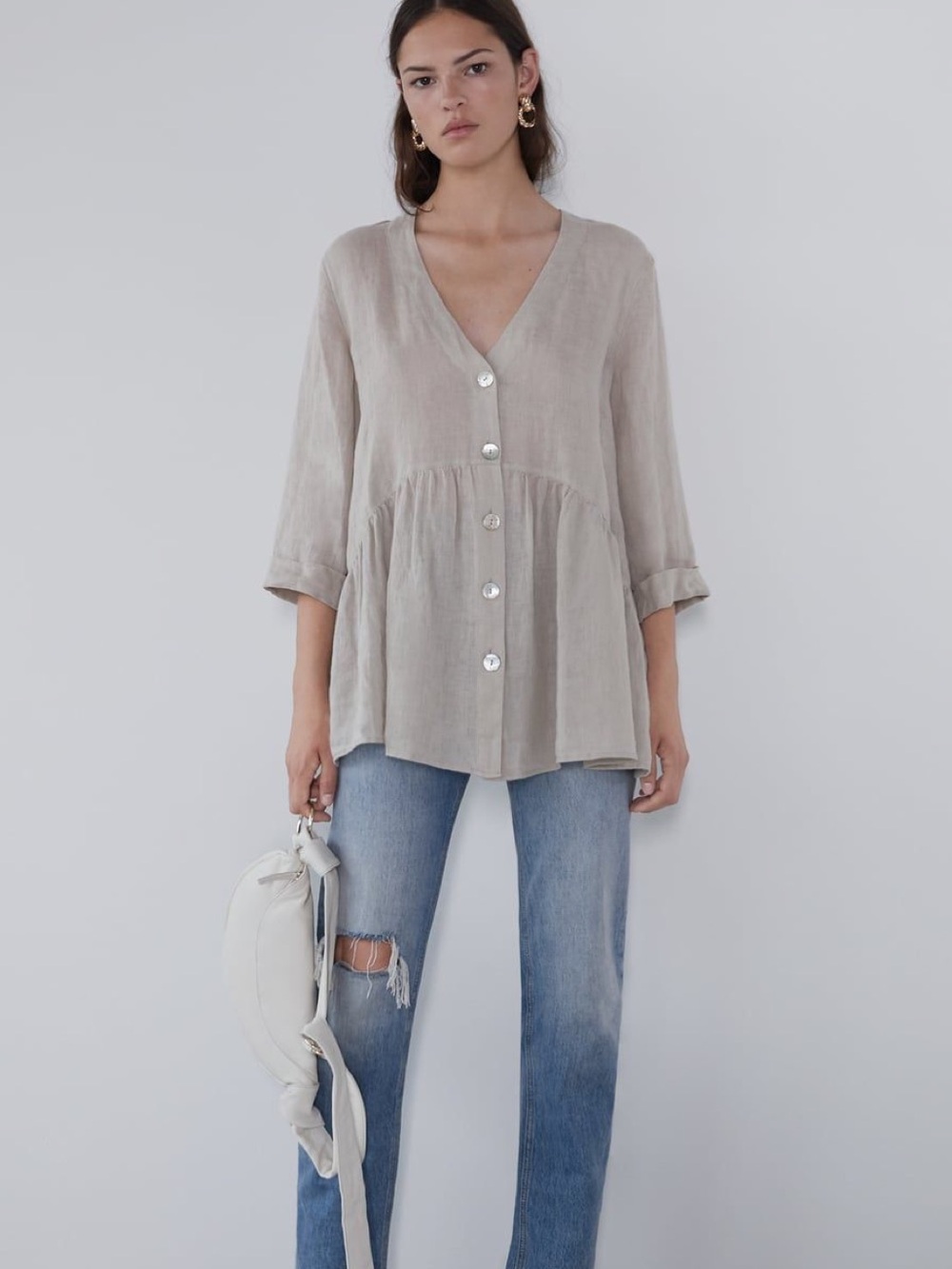 Zara Linen  V-Neck Button-Front Tunic Medium